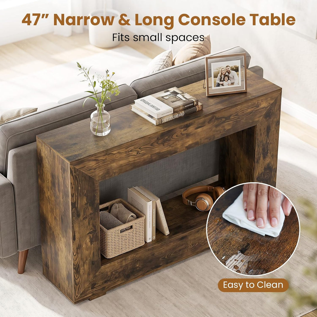 GIANTEX 47" Farmhouse Console Table, 2-Tier Entryway Table | Wooden Narrow Sofa Table Behind Couch with Open Storage Shelf for Living Room