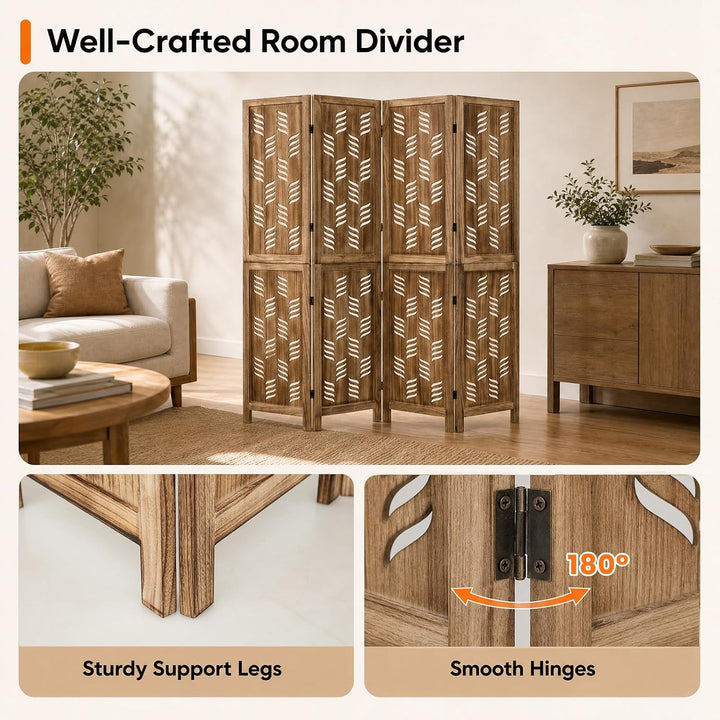 GIANTEX Folding Room Divider, Wood Privacy Screen with Wave Cutout | Freestanding Partition Wall Panel for Bedroom &amp; Home Office