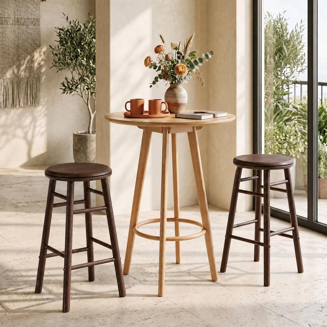 GIANTEX 24 Inch Swivel Bar Stools Set of 2, Rubber Wood, Walnut | Round Bar Chairs w/Backless Design