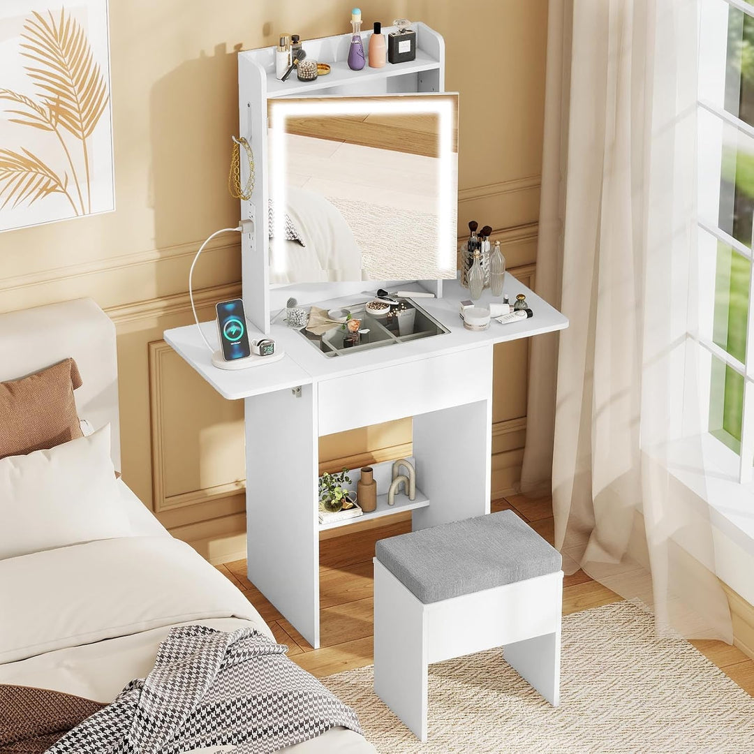 CHARMAID Compact Vanity Desk with Lighted Mirror &amp; Charging Station