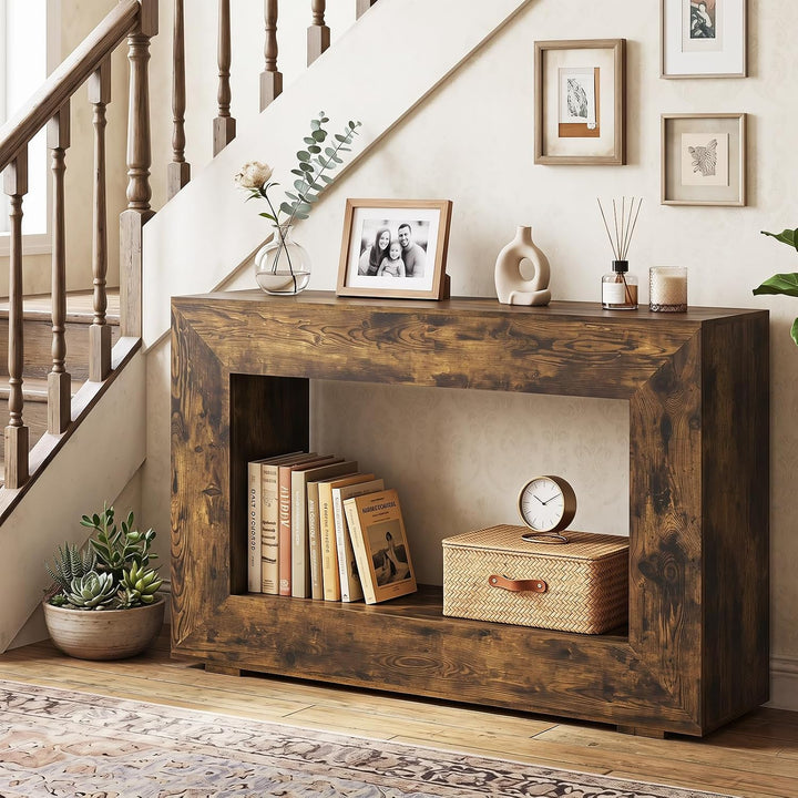 GIANTEX 47" Farmhouse Console Table, 2-Tier Entryway Table | Wooden Narrow Sofa Table Behind Couch with Open Storage Shelf for Living Room