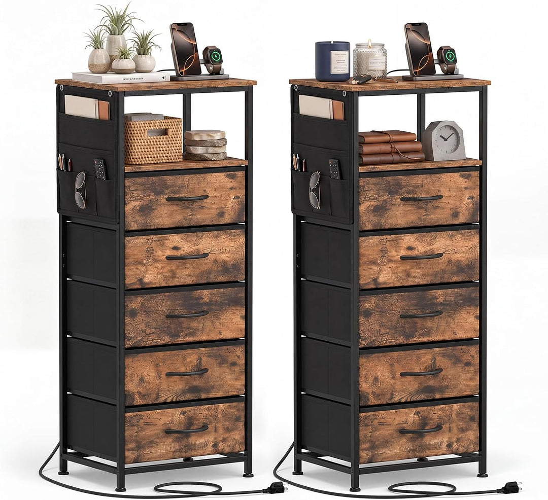 GIANTEX Modern 39" Bedside Table with Integrated Charging Station &amp; 5 Fabric Drawers (1/2)