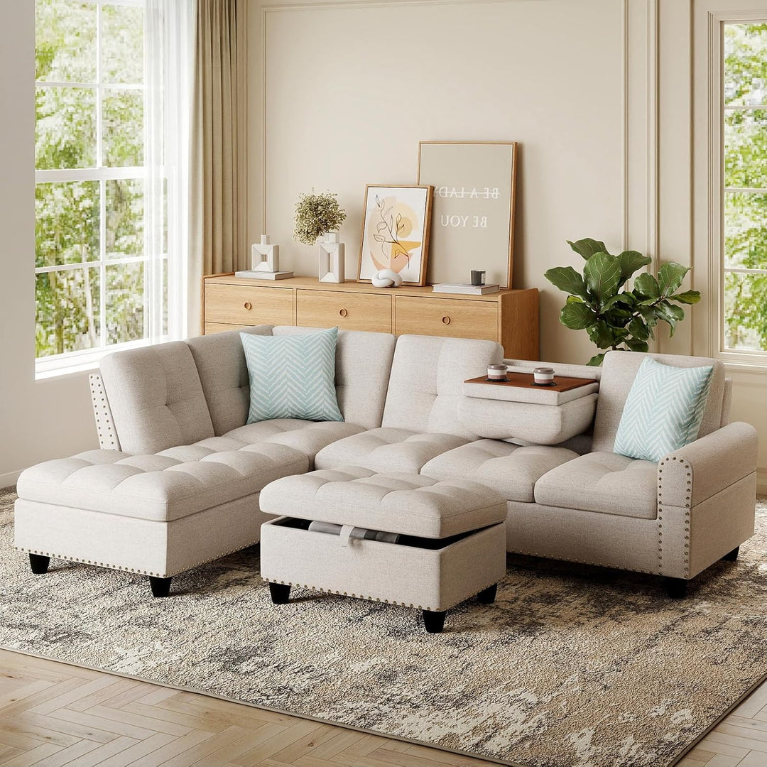 Giantex 98 Inches Sectional Sofa Couch with Movable Storage Ottoman and Linen Fabric Backs