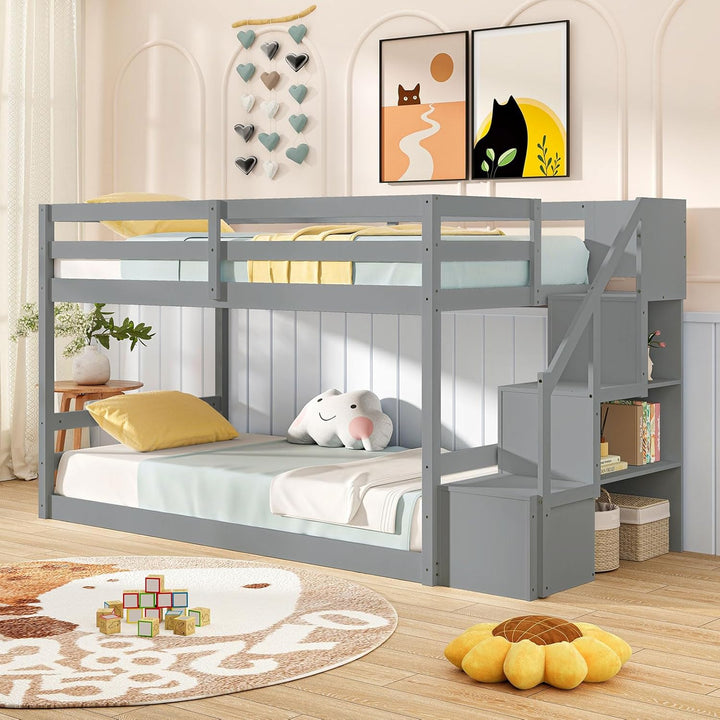 Giantex Bunk Bed with Stairs, Solid Wood Floor Bunk Bed with Storage Staircase &amp; Full-Length Guardrails