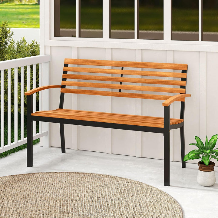 Outdoor Bench, Acacia Wood Patio Loveseat with Slatted Backrest &amp; Seat, Armrests