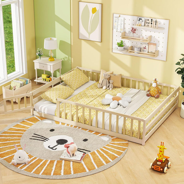 Giantex Floor Bed with Door &amp; Fence Kids Wood Montessori Beds with Safety Guardrails