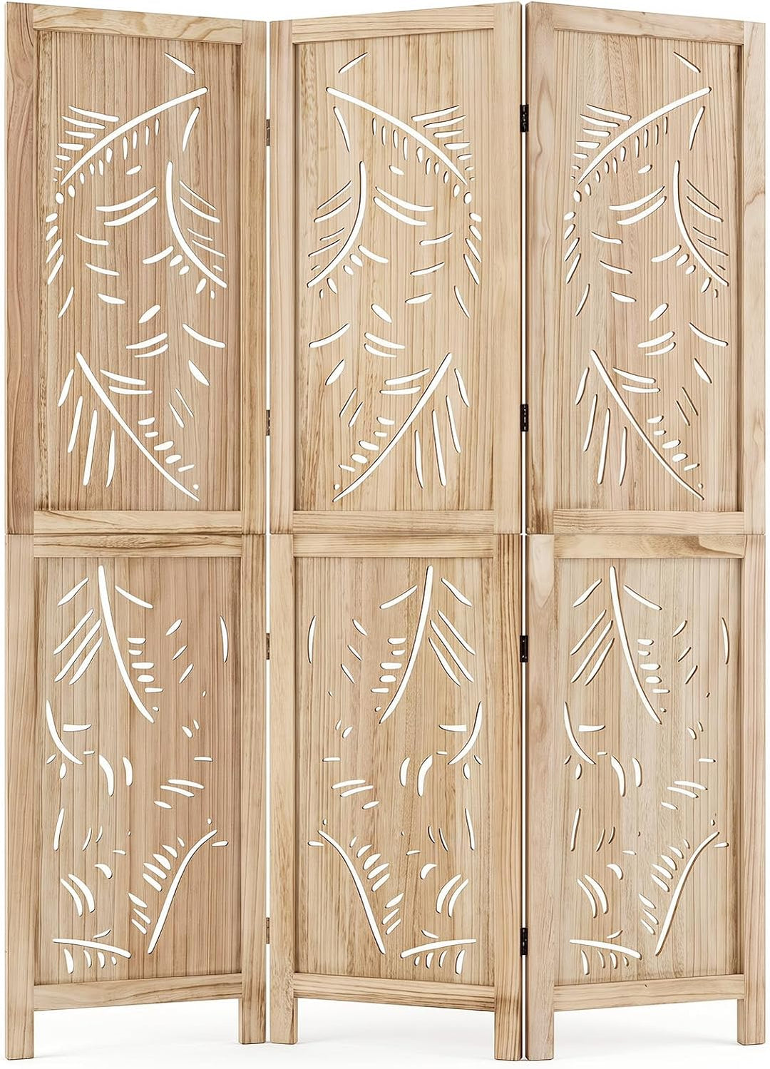 GIANTEX 3 Panel Boho Room Divider with Carved Palm Leaf Pattern
