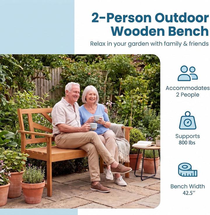 Giantex Outdoor Wooden Bench, 2-Person Patio Garden Loveseat | Patio Bench with Armrests and Backrest