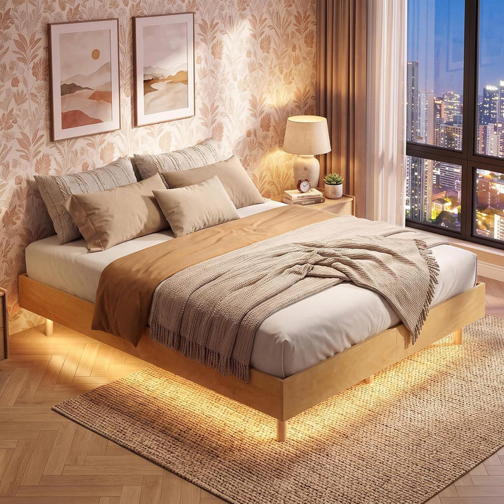 GIANTEX Wood Floating Bed Frame Queen Size with Smart LED Light, Natural | Modern Platform Bed w/Heavy Duty Mattress Foundation