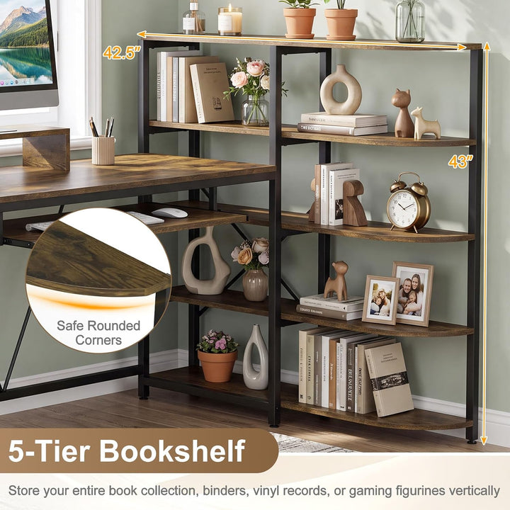 GIANTEX 63" U-Shaped Computer Desk with 5-Tier Bookshelf | Large Office Desk with Power Outlets