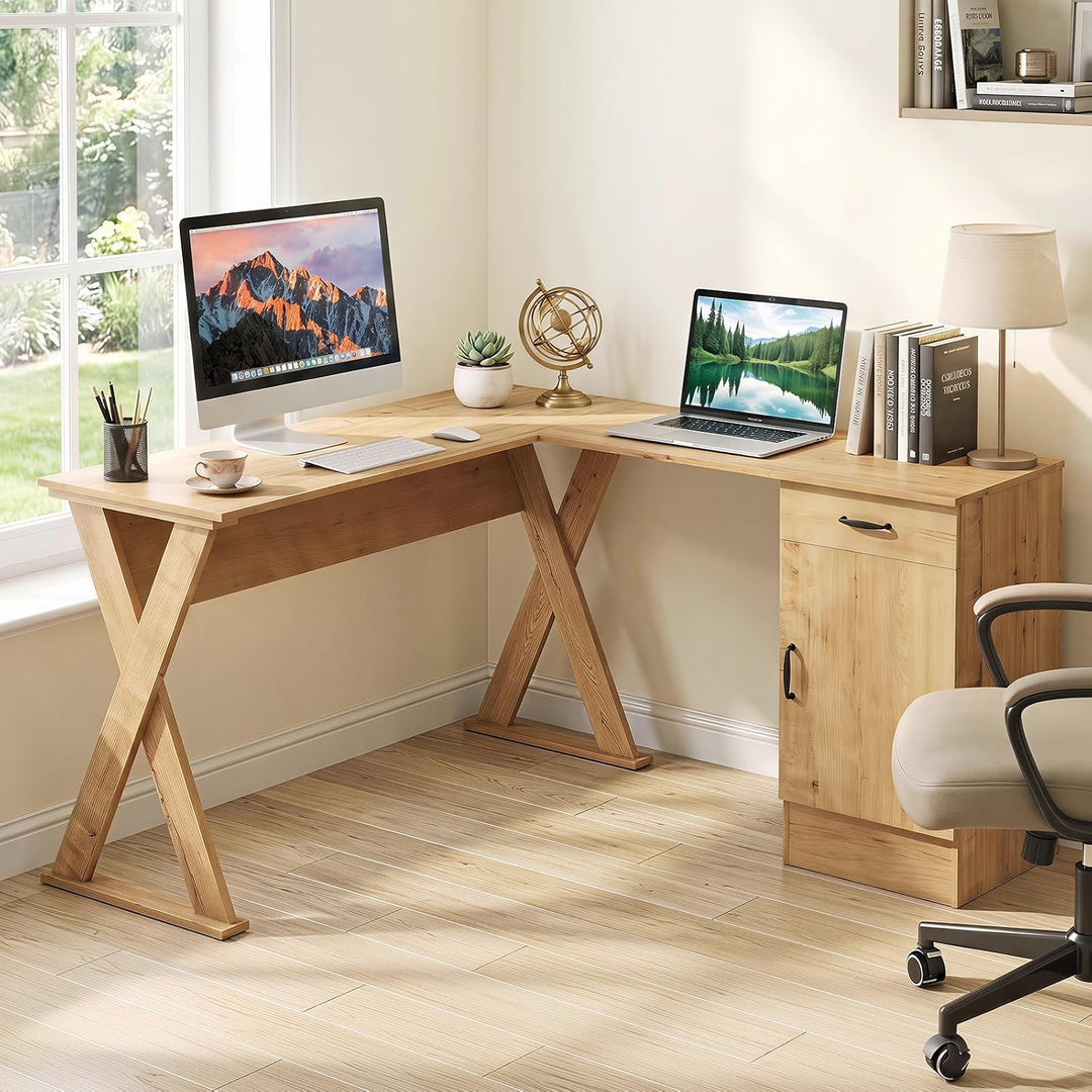 GIANTEX L-Shaped Computer Desk with Reversible Drawer &amp; Cabinet | Home Office Desk with X-shaped Structure