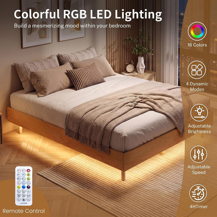 GIANTEX Wood Floating Bed Frame Queen Size with Smart LED Light, Natural | Modern Platform Bed w/Heavy Duty Mattress Foundation