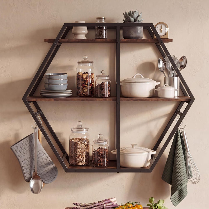 GIANTEX Industrial Hexagon Wall Shelf with 3-Tier Storage Shelves &amp; 4 Hooks | Decorative Wall Display Rack Unit with Metal Frame