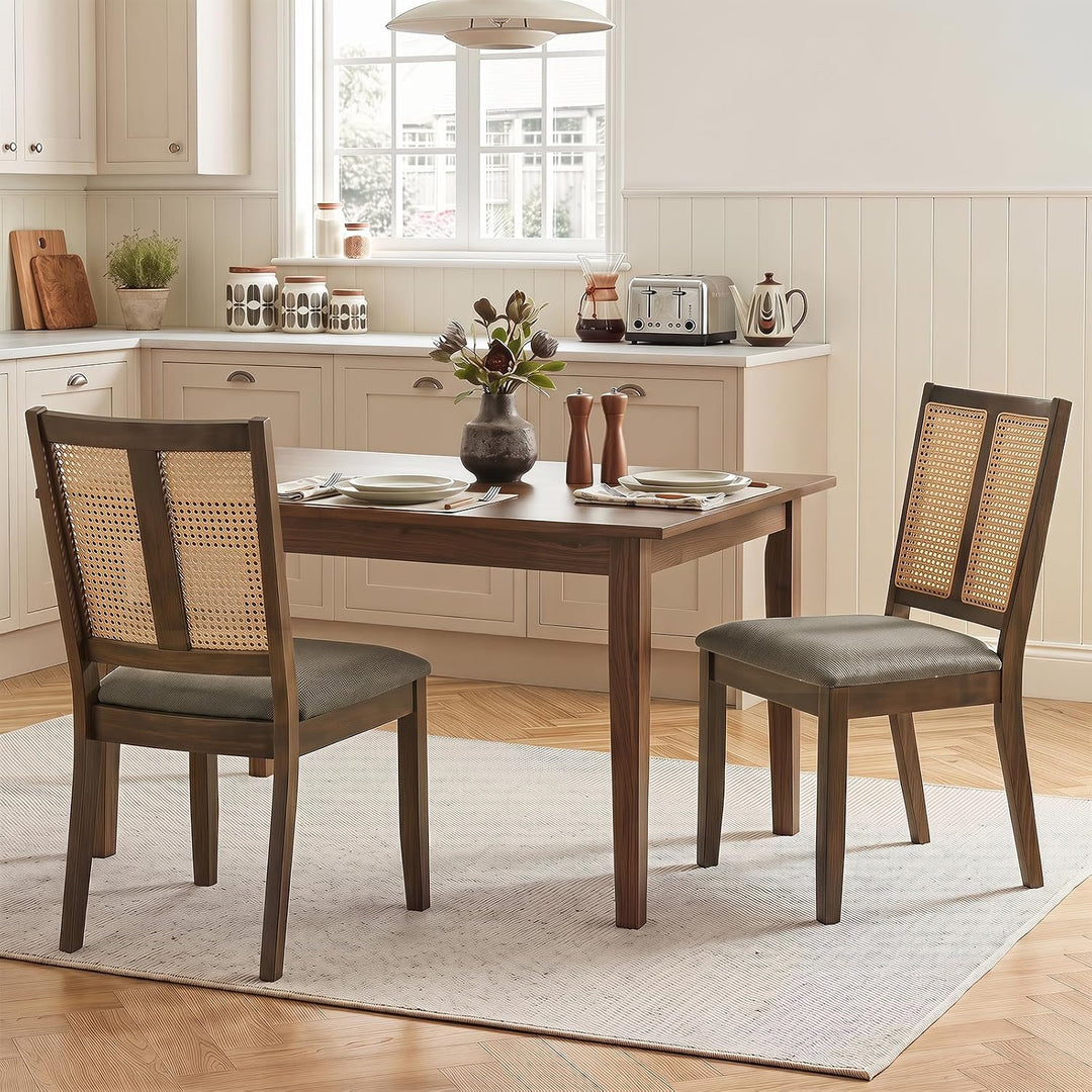 GIANTEX Rattan Dining Chairs Farmhouse Upholstered Kitchen Chairs | Boho Dining Room Chair w/Curved Backrest &amp; Padded Seat