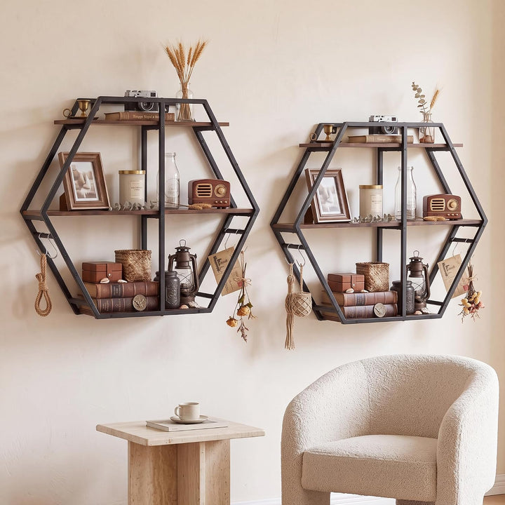 GIANTEX Industrial Hexagon Wall Shelf with 3-Tier Storage Shelves &amp; 4 Hooks | Decorative Wall Display Rack Unit with Metal Frame