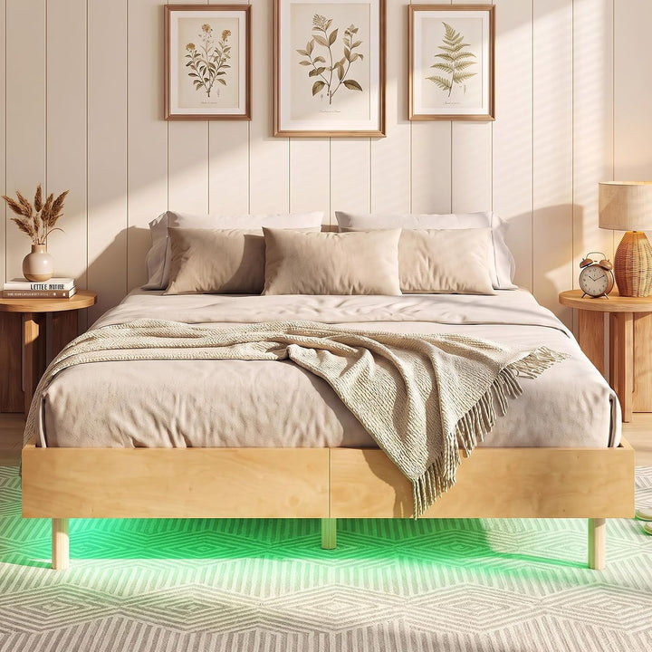 GIANTEX Wood Floating Bed Frame Queen Size with Smart LED Light, Natural | Modern Platform Bed w/Heavy Duty Mattress Foundation