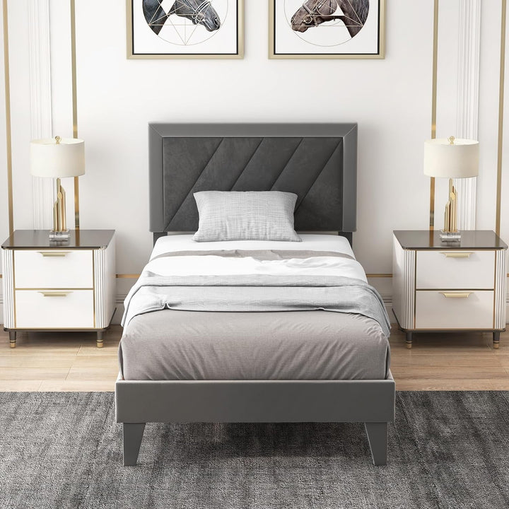 Giantex Full Size Velvet Bed Frame with Headboard, Modern Upholstered Platform Bed, No Box Spring Needed, Black &amp; Gray
