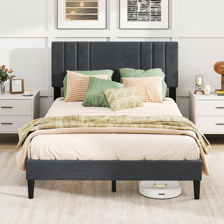 Giantex Queen/Full/Twin Size Modern Upholstered Platform Bed Frame with Vertical Channel Tufted Headboard