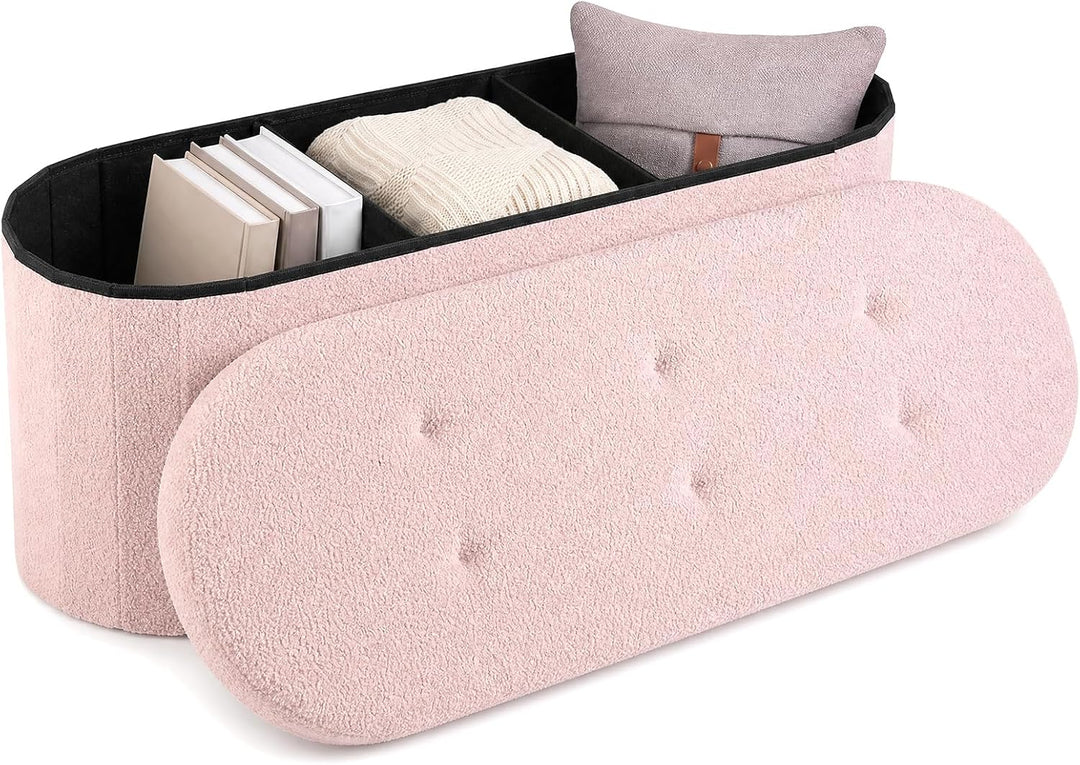 Giantex 43" Storage Ottoman Bench, Oval Ottoman with Dividers | Upholstered Bench Storage
