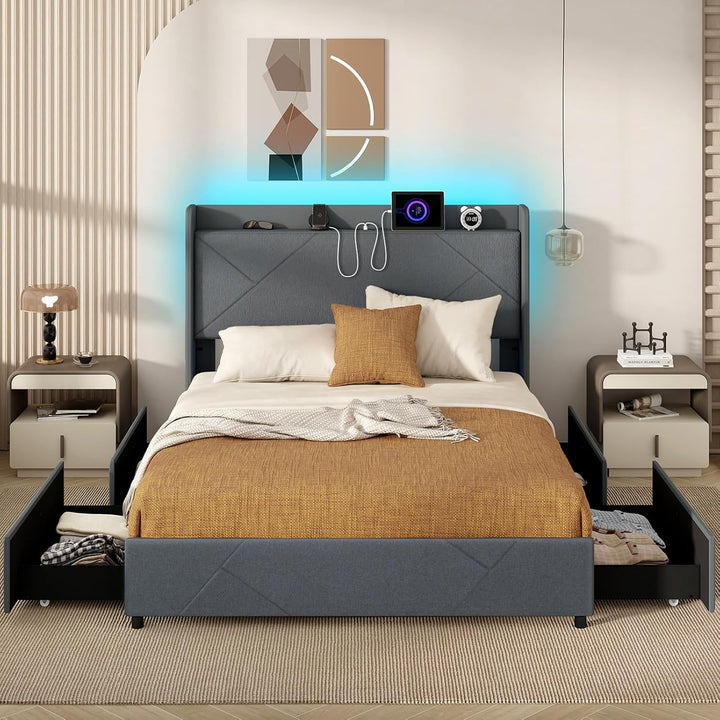 Giantex Full/Queen Size Bed Frame with 4 Storage Drawers &amp; LED Lights, Headboard &amp; Charging Station, Wooden Slats, Easy Assembly, Grey