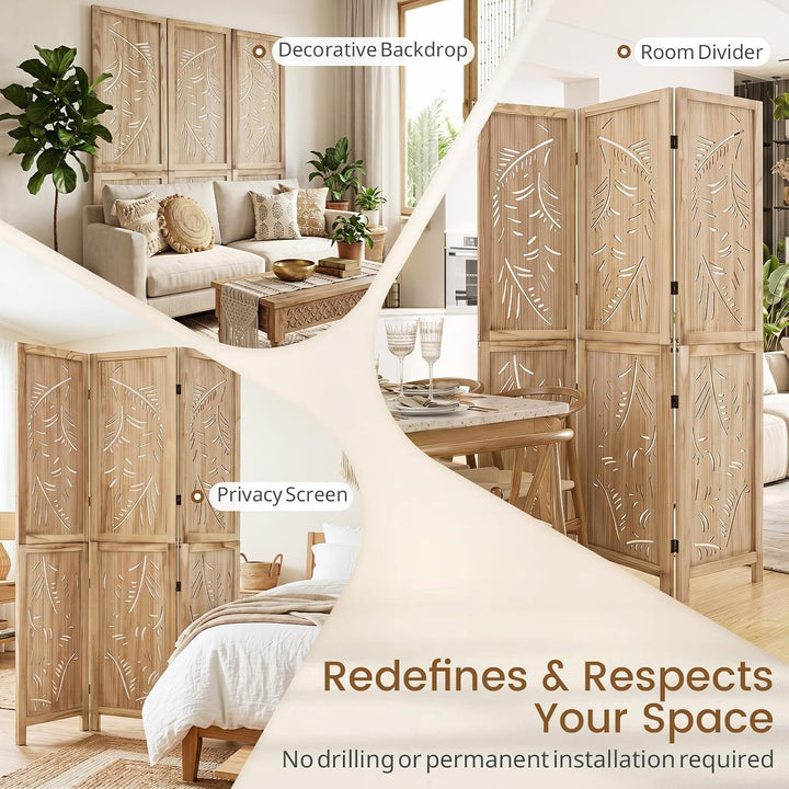 GIANTEX 3 Panel Boho Room Divider with Carved Palm Leaf Pattern