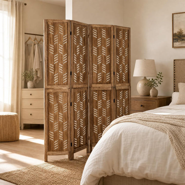 GIANTEX Folding Room Divider, Wood Privacy Screen with Wave Cutout | Freestanding Partition Wall Panel for Bedroom &amp; Home Office