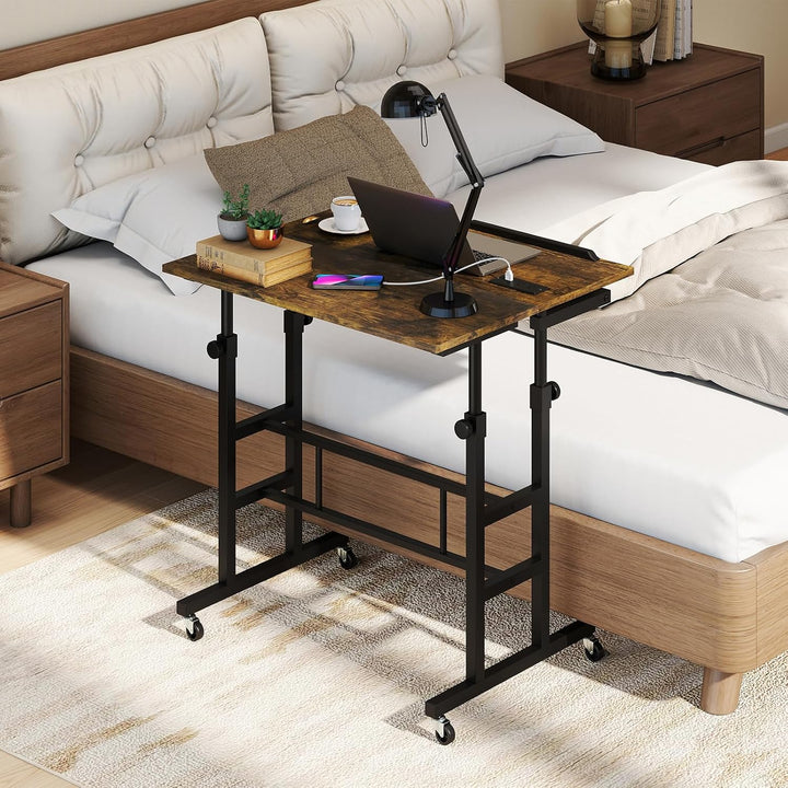 GIANTEX Mobile Standing Desk, Adjustable Rolling Computer Desk (Brown) | Tilting Desktop &amp; Storage Shelves
