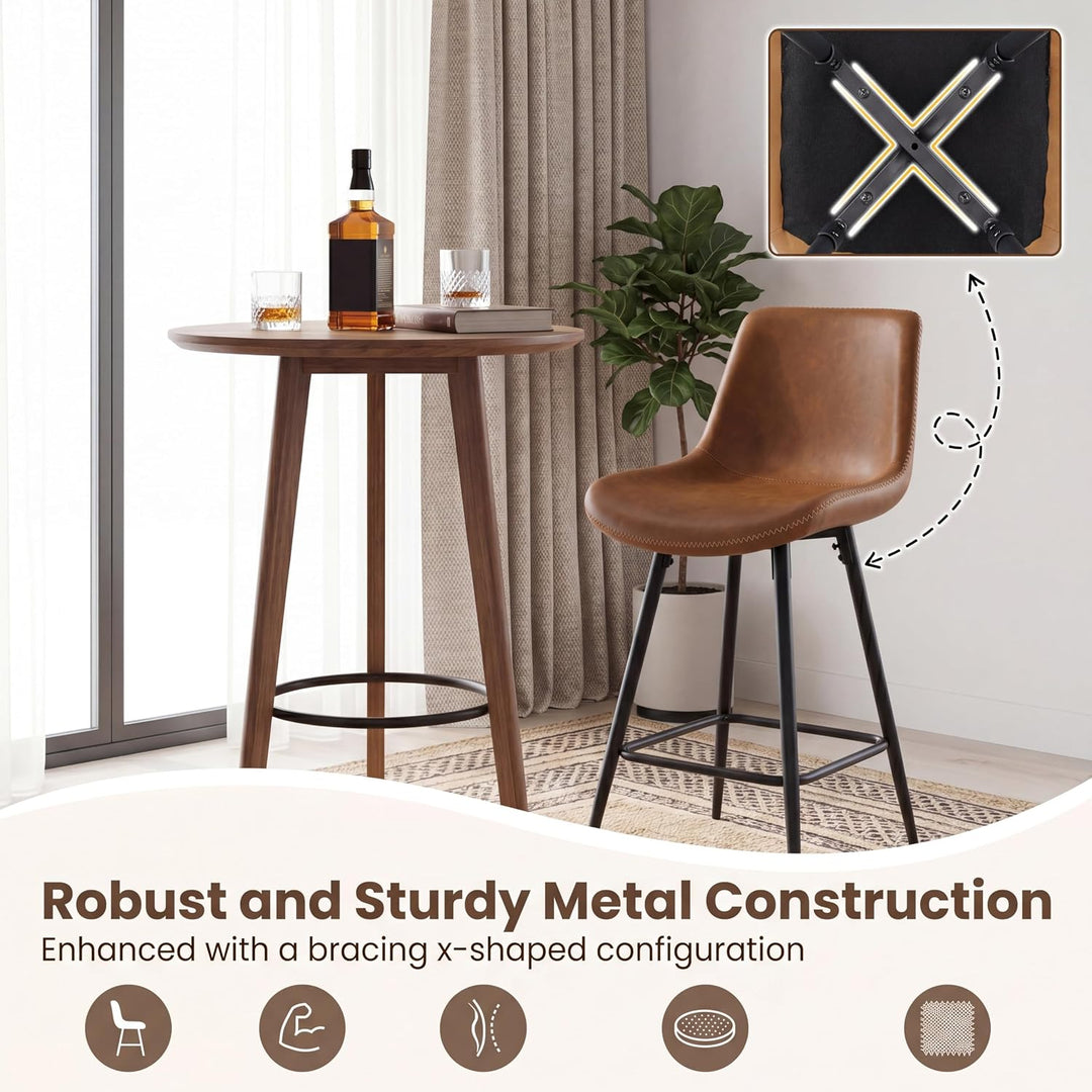 GIANTEX 24 Inch Faux Leather Upholstered Bar Stools Set of 2 | Counter Height Barstool with Backs &amp; Footrests