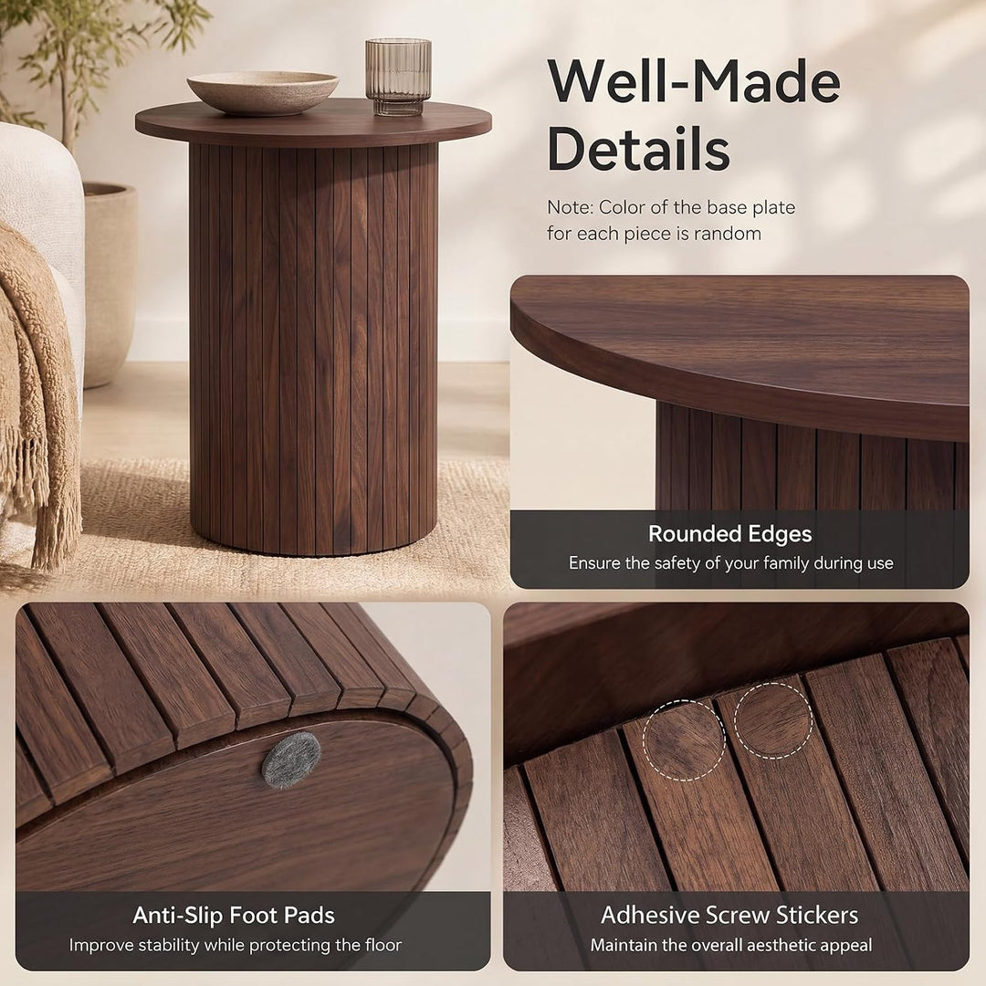 GIANTEX Round Side Table, Fluted Mid Century Modern Drum End Table | 22.5‘’ Wooden Pedestal Accent Nightstand for Bedroom
