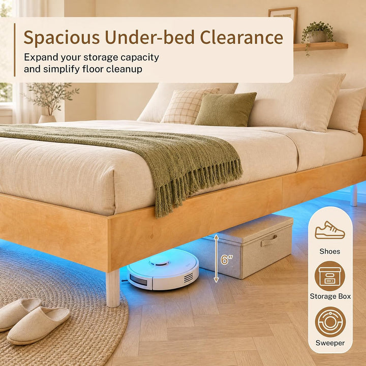 GIANTEX Wood Floating Bed Frame Queen Size with Smart LED Light, Natural | Modern Platform Bed w/Heavy Duty Mattress Foundation
