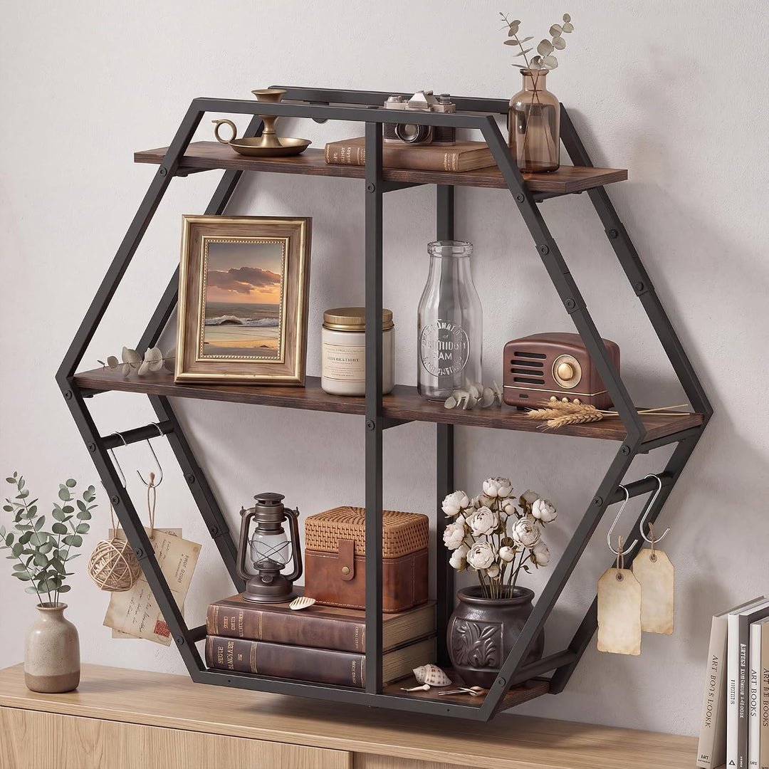 GIANTEX Industrial Hexagon Wall Shelf with 3-Tier Storage Shelves &amp; 4 Hooks | Decorative Wall Display Rack Unit with Metal Frame