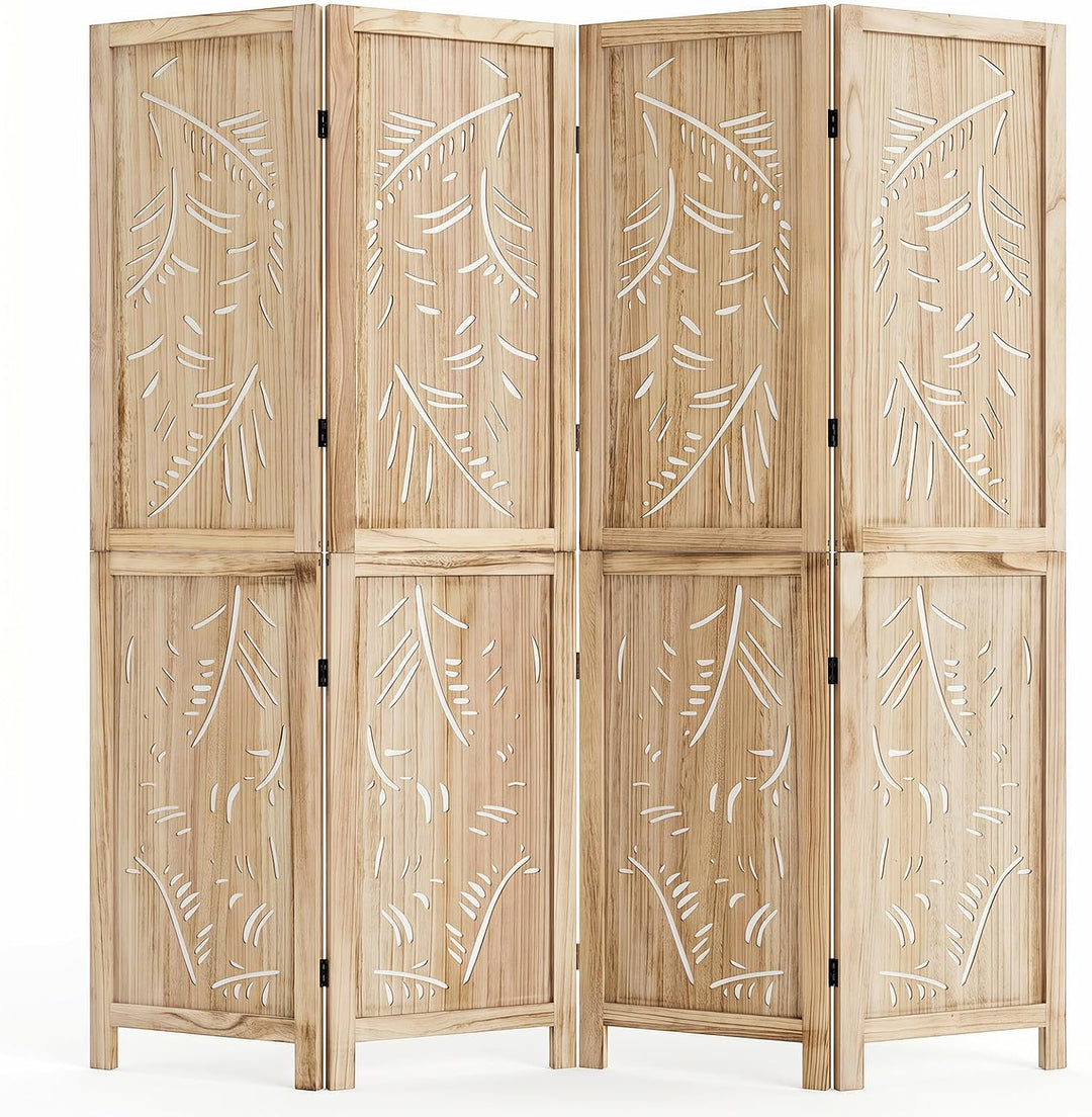 GIANTEX 3 Panel Boho Room Divider with Carved Palm Leaf Pattern