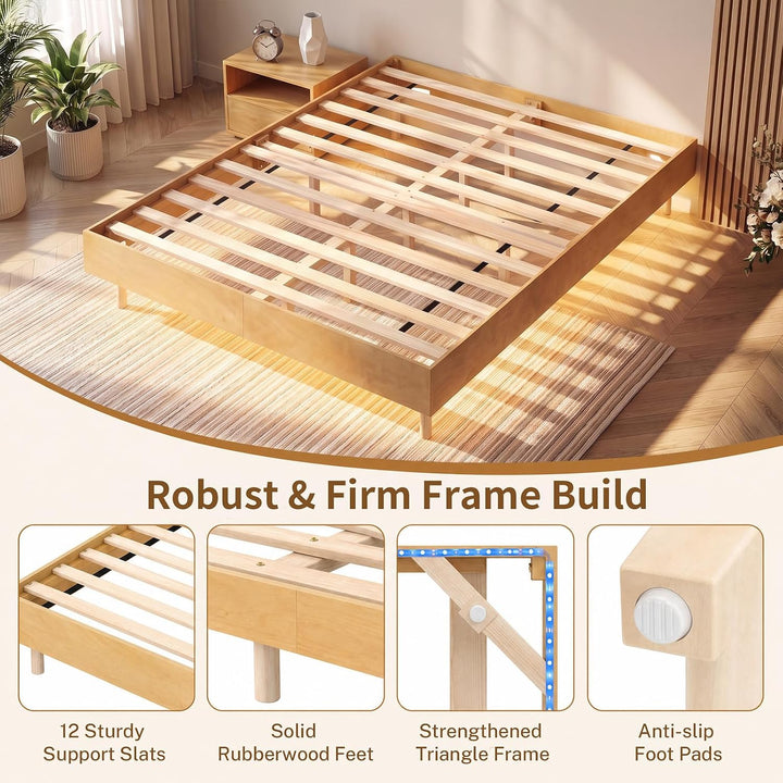 GIANTEX Wood Floating Bed Frame Queen Size with Smart LED Light, Natural | Modern Platform Bed w/Heavy Duty Mattress Foundation