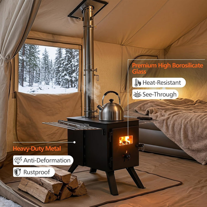GIANTEX Hot Tent Stove, 8.4 ft Wood Burning Stove with Ash Tray | Portable Camping Wood Stove with 8 Chimney Pipes &amp; Spark Arrestor