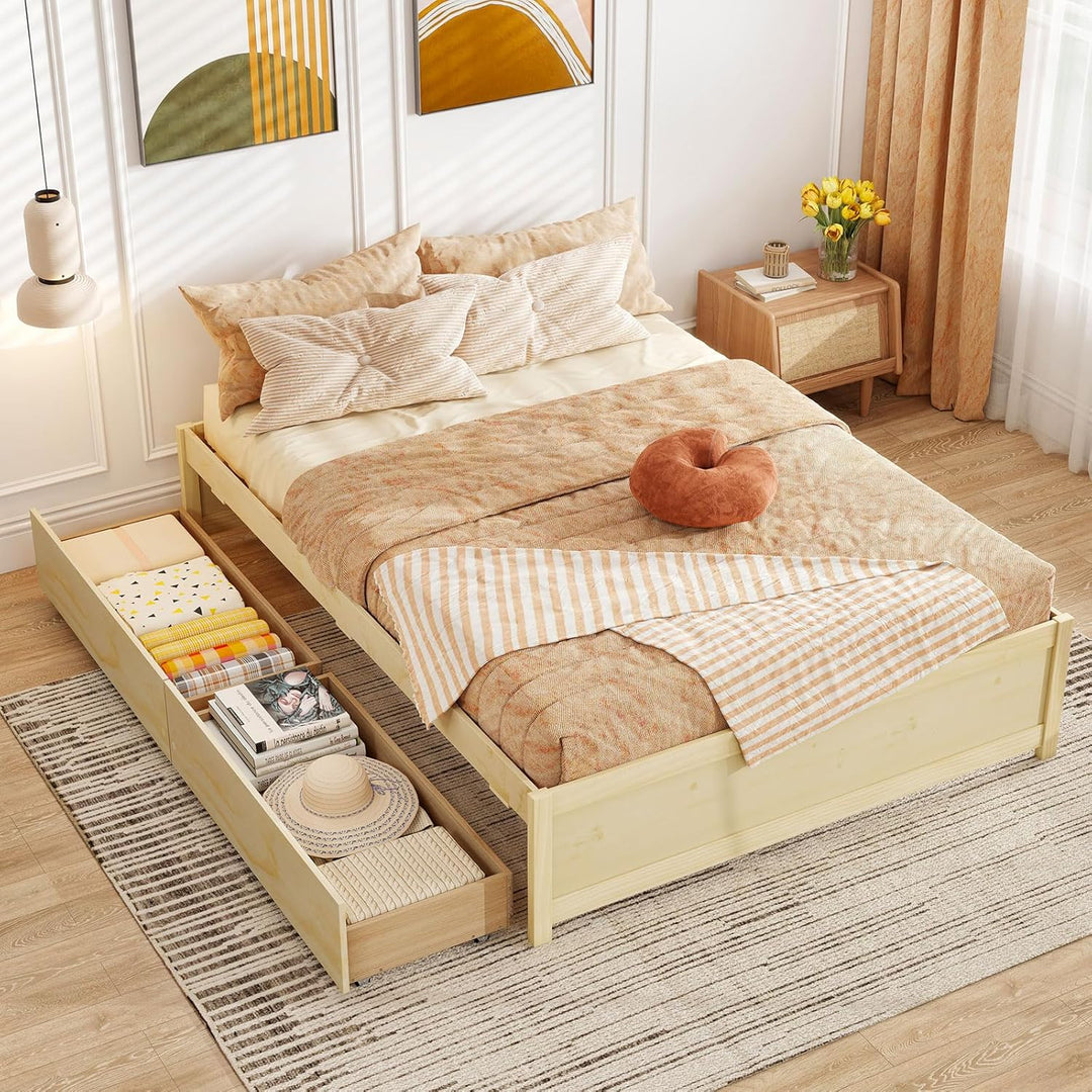 Giantex Queen/Full/Twin Size Bed Frame with 2 Storage Drawers, Solid Wood Platform Bed with Slats Support