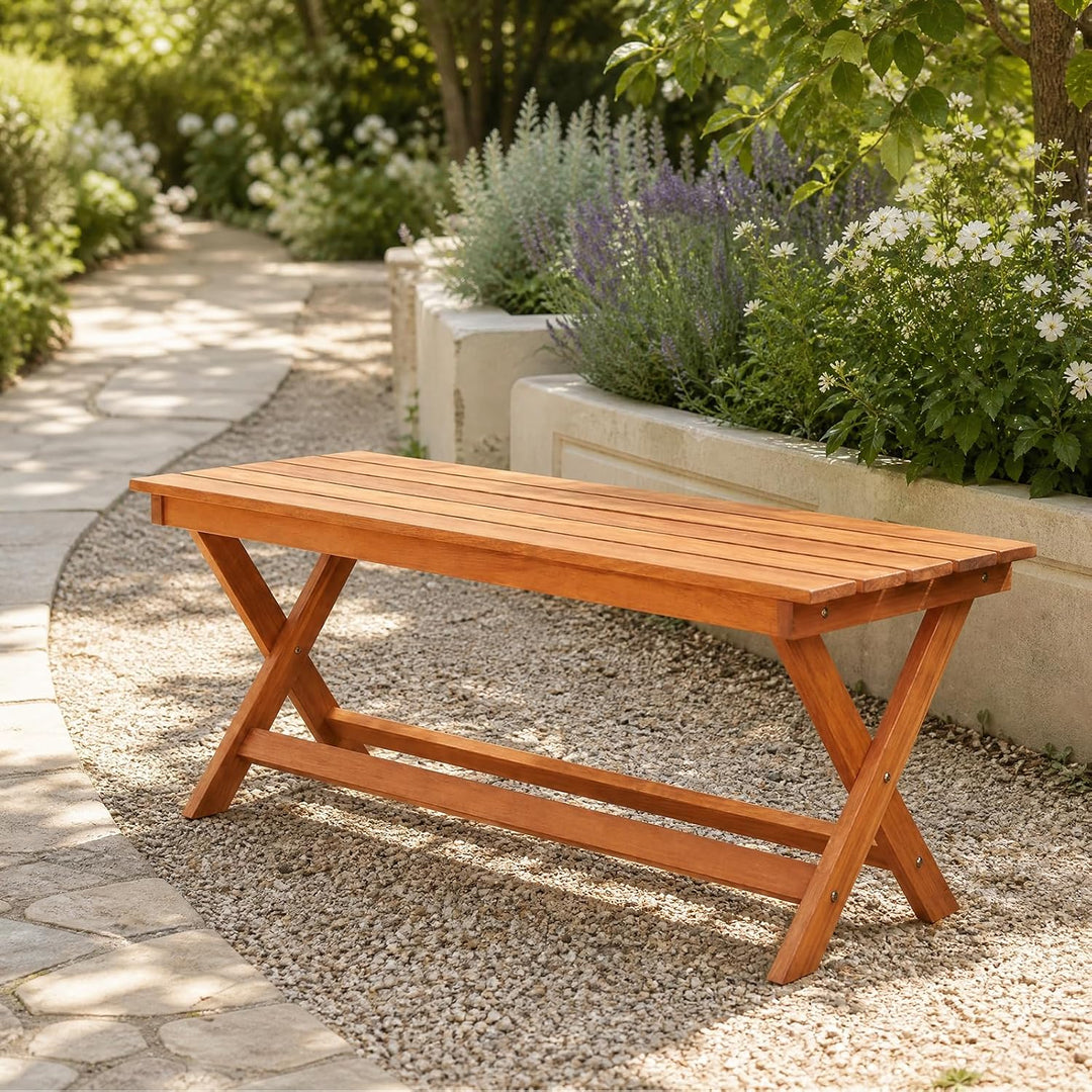 Giantex Outdoor Wooden Bench Backless Patio Bench with Slatted Seat | Wooden Garden Bench with X-Shaped Legs