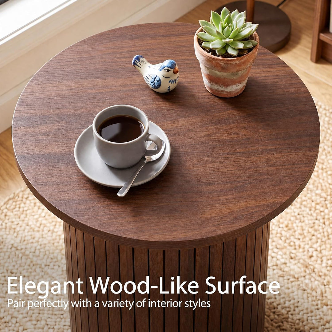 GIANTEX Round Side Table, Fluted Mid Century Modern Drum End Table | 22.5‘’ Wooden Pedestal Accent Nightstand for Bedroom