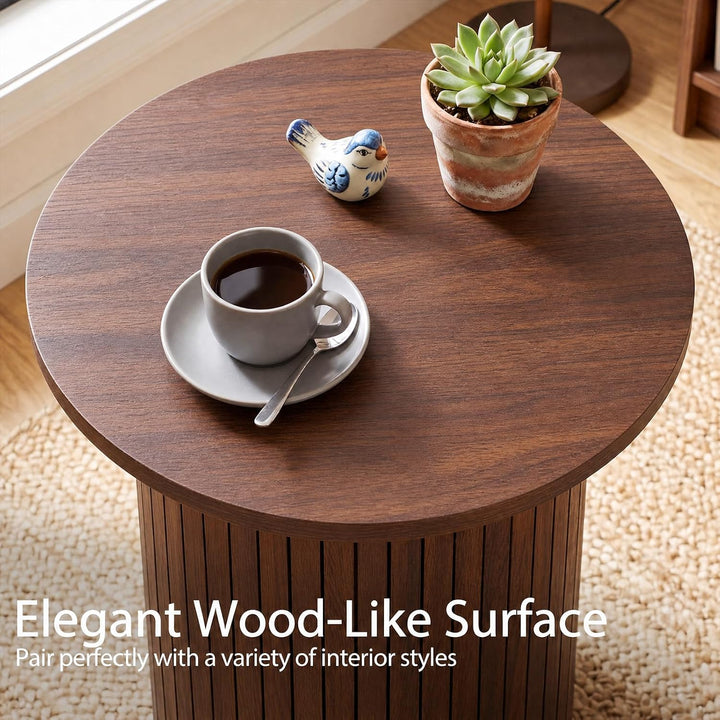GIANTEX Round Side Table, Fluted Mid Century Modern Drum End Table | 22.5‘’ Wooden Pedestal Accent Nightstand for Bedroom