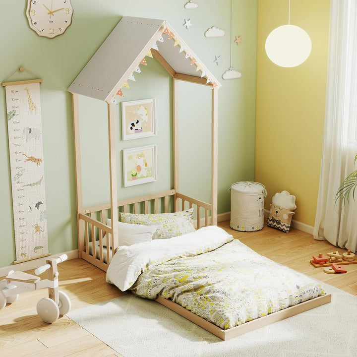 Giantex Twin Size House Bed Montessori Floor Bed with House Shape Roof &amp; Semi-Fence