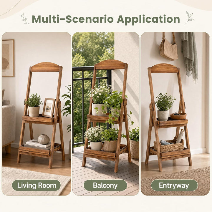 GIANTEX 2-Tier Ladder Plant Stand, Fir Wood Flower Pot Shelf, Rustic Brown