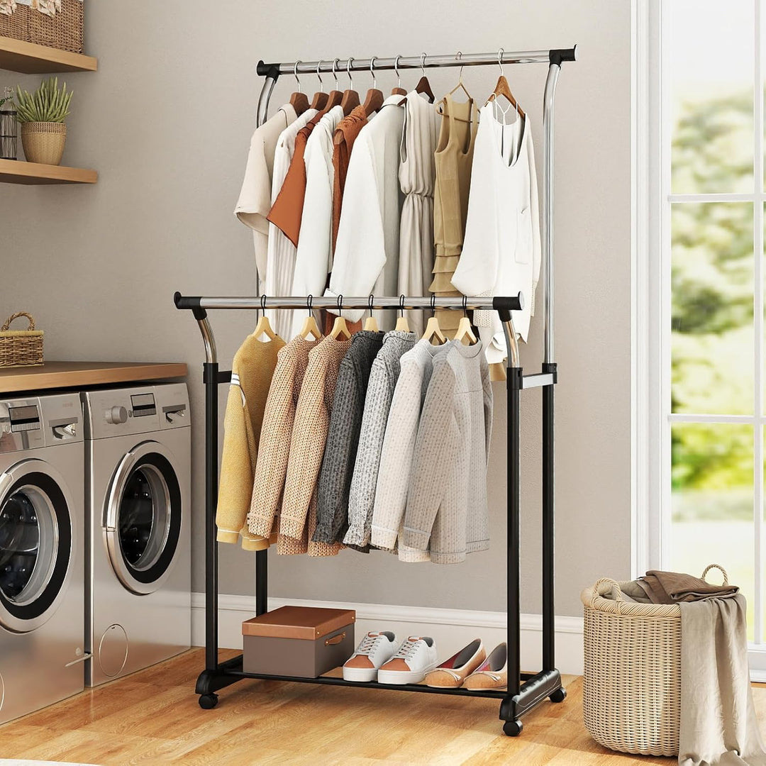 Giantex Double Rod Clothing Rack with Adjustable Height &amp; Wheels