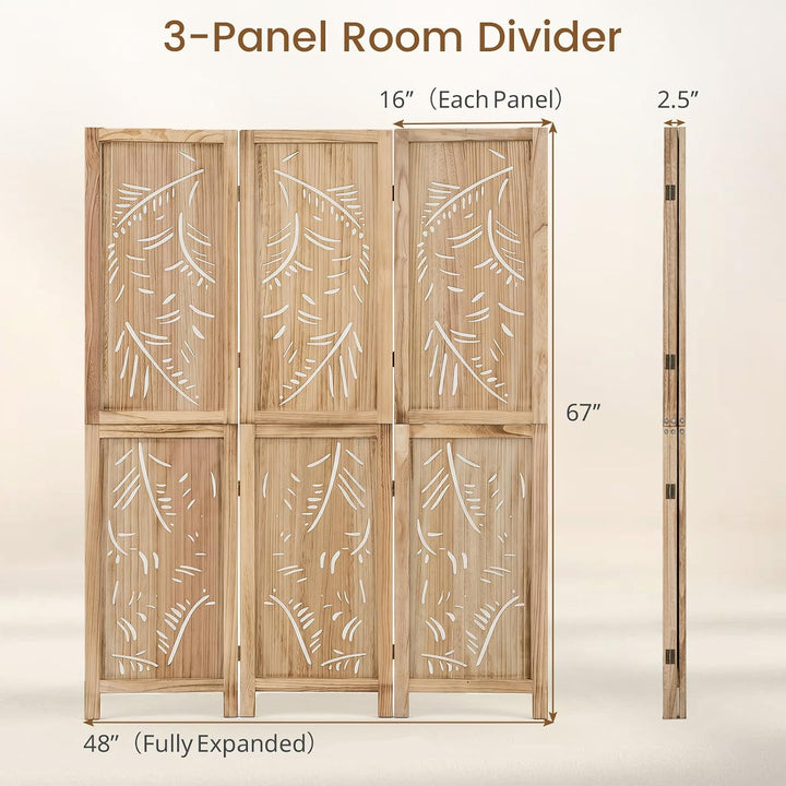 GIANTEX 3 Panel Boho Room Divider with Carved Palm Leaf Pattern