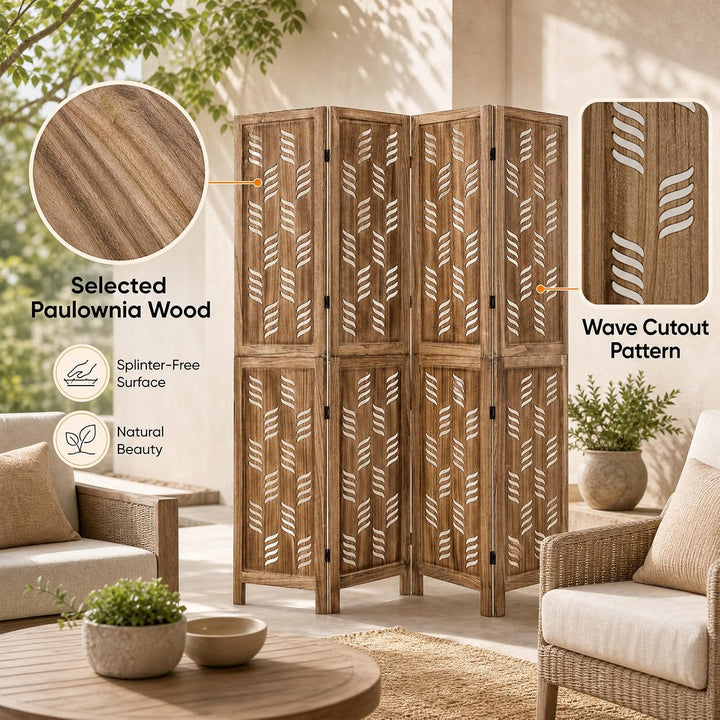 GIANTEX Folding Room Divider, Wood Privacy Screen with Wave Cutout | Freestanding Partition Wall Panel for Bedroom &amp; Home Office