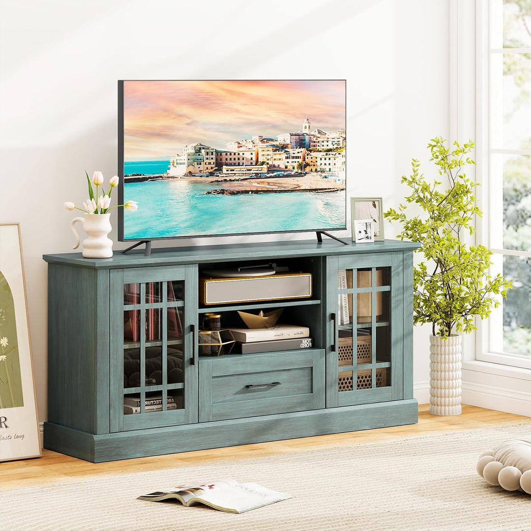 Giantex Farmhouse TV Stand for 65/70 Inch TV with Storage Cabinets &amp; Glass Door