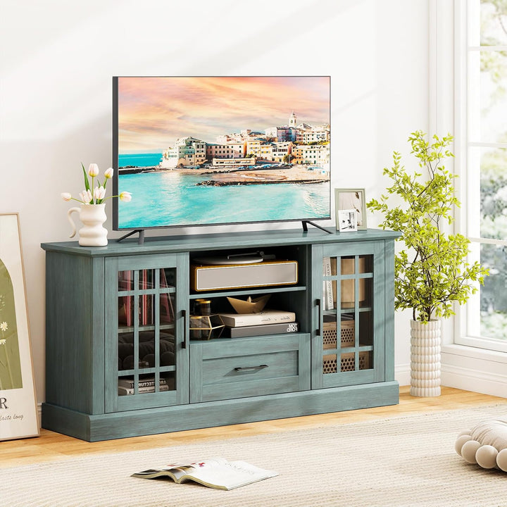 Giantex Farmhouse TV Stand for 65/70 Inch TV with Storage Cabinets &amp; Glass Door