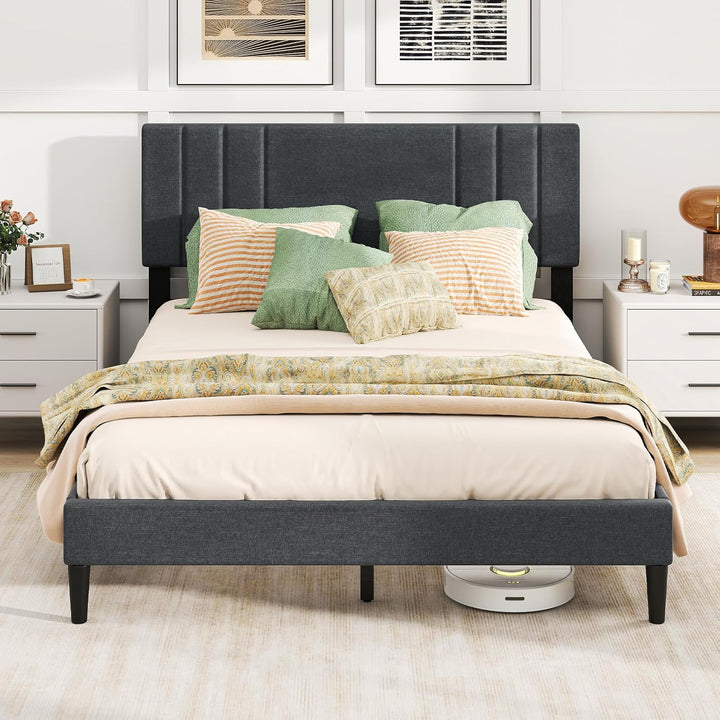 Giantex Queen/Full/Twin Size Modern Upholstered Platform Bed Frame with Vertical Channel Tufted Headboard