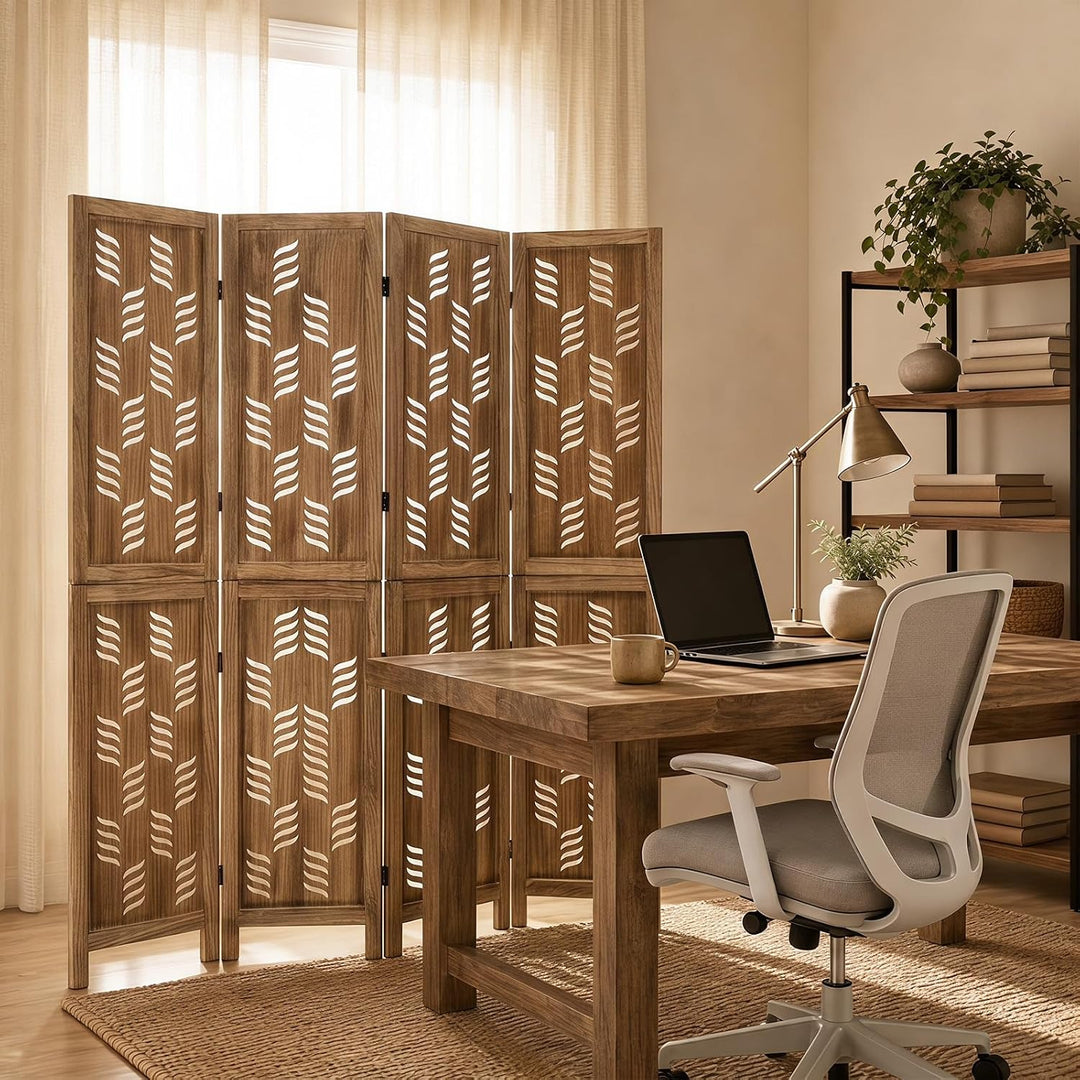 GIANTEX Folding Room Divider, Wood Privacy Screen with Wave Cutout | Freestanding Partition Wall Panel for Bedroom &amp; Home Office