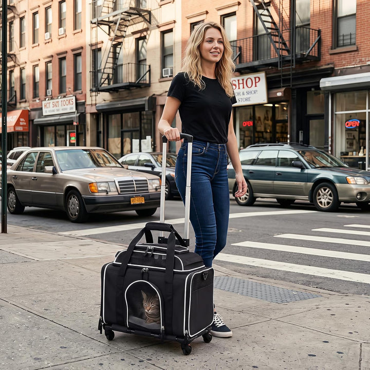 Giantex Top-Expandable Pet Carrier with Wheels for Small Cat &amp; Dog (Black) | Foldable Rolling Pet Bag with Telescopic Handle
