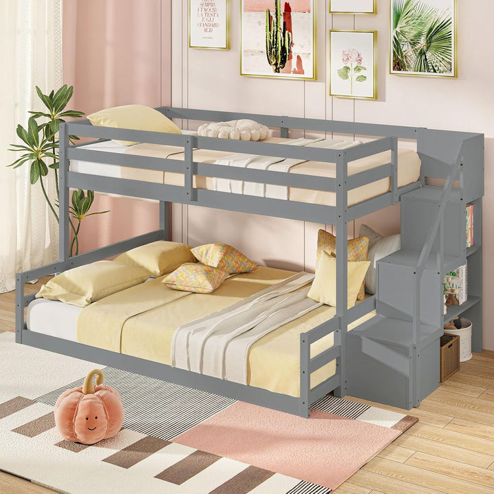 Giantex Bunk Bed with Stairs, Solid Wood Floor Bunk Bed with Storage Staircase &amp; Full-Length Guardrails