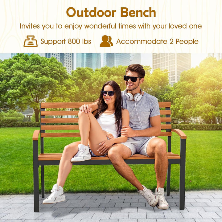 Outdoor Bench, Acacia Wood Patio Loveseat with Slatted Backrest &amp; Seat, Armrests